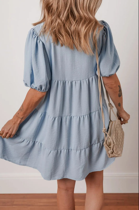 Button Up Puff Sleeve Tiered Shirt Dress - Tigbul's Variety Fashion Shop