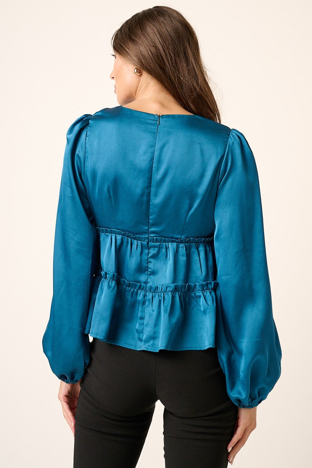 Satin V Neck Ruffled Tier Blouse - Tigbul's Variety Fashion Shop