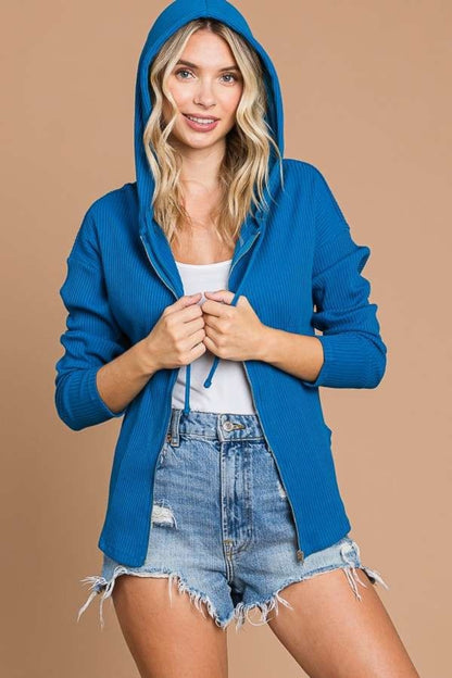 Culture Code Full Size Ribbed Zip Up Drawstring Hooded Jacket - Tigbuls Variety Fashion