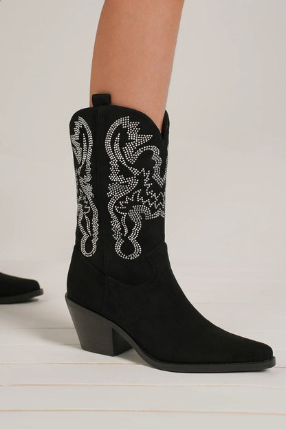 Black Rhinestone Detail Point Toe Boots - Tigbul's Variety Fashion Shop