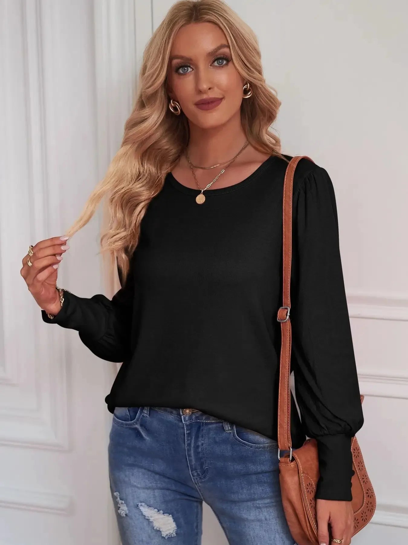 Long Sleeve Blouse with Elastic Cuffs - Tigbul's Variety Fashion Shop