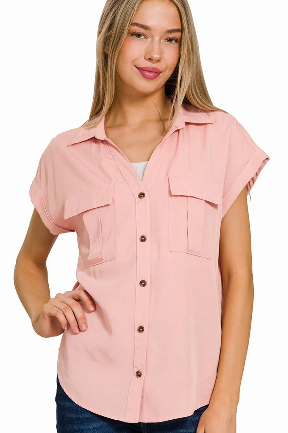 Zenana Tencel V-neck Collared Top W Front Flap Pockets - Tigbul's Variety Fashion Shop
