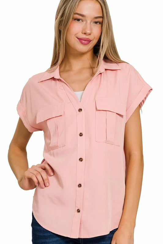 Zenana Tencel V-neck Collared Top W Front Flap Pockets - Tigbul's Variety Fashion Shop