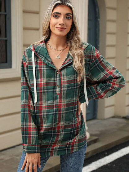 Drawstring Plaid Hooded Long Sleeve Top - Tigbul's Variety Fashion Shop