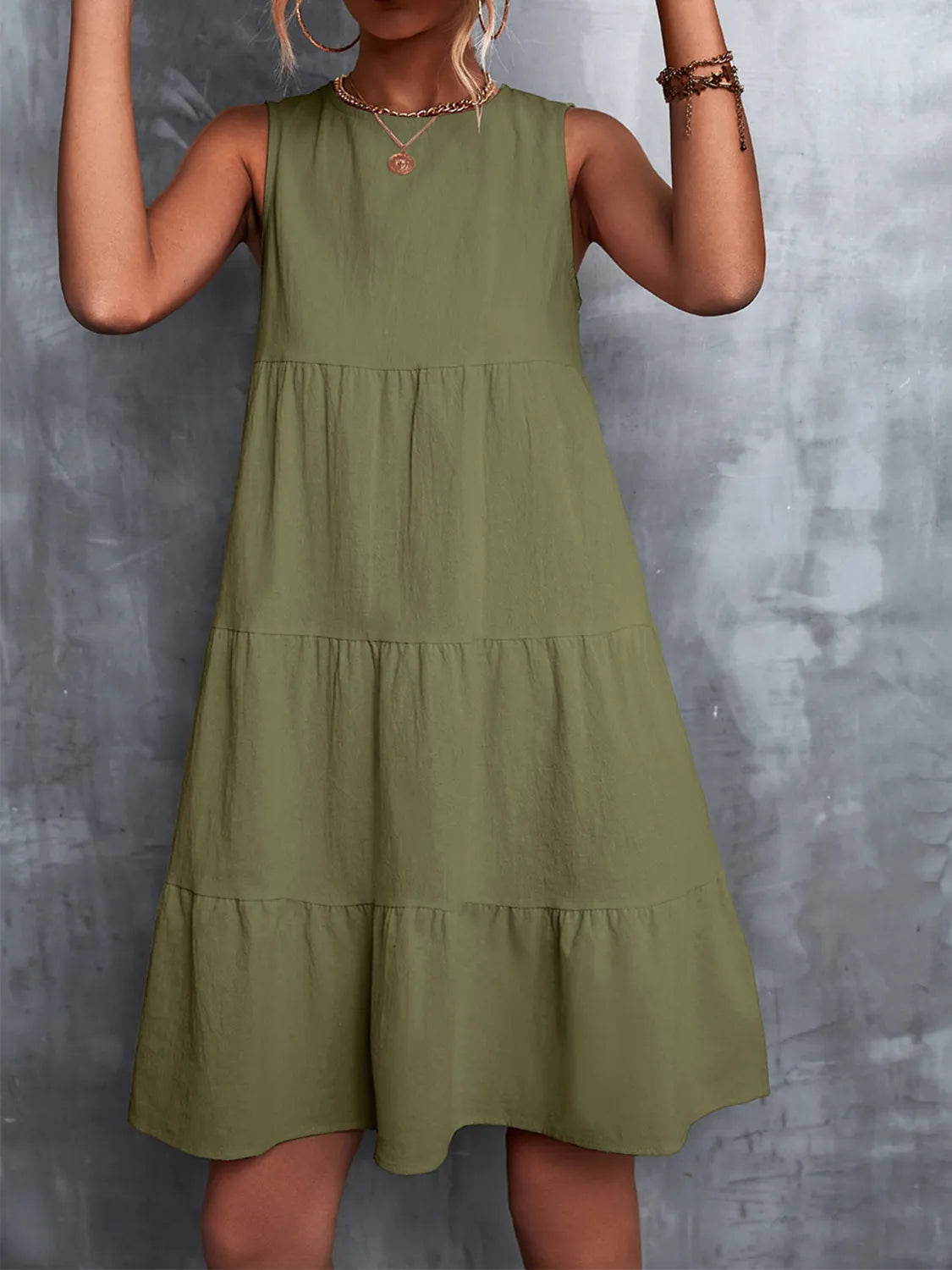 Tiered Round Neck Sleeveless Mini Tank Dress - Tigbul's Variety Fashion Shop
