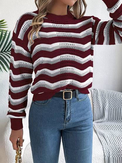 Striped Round Neck Long Sleeve Sweater - Tigbul's Variety Fashion Shop