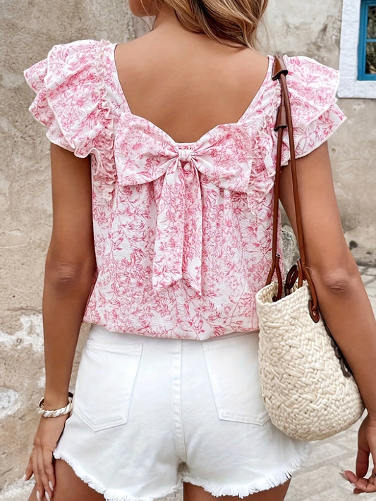 Bow Back Floral Print Ruffle Sleeve Blouse - Tigbul's Variety Fashion Shop