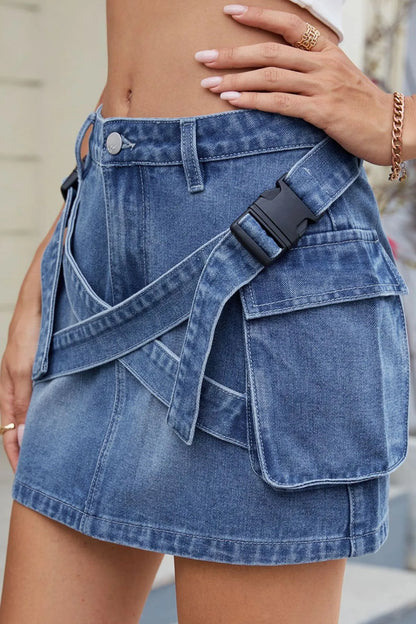 Criss-Cross Waist Detail Denim Mini Skirt - Tigbul's Variety Fashion Shop