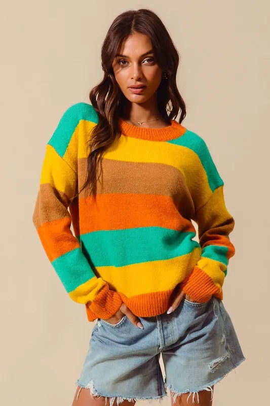 SO ME Multi Color Stripe Sweater with Ribbed Detail - Tigbul's Variety Fashion Shop