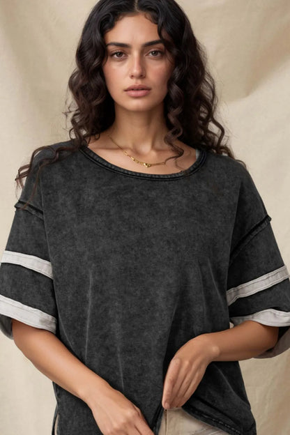 Contrast Round Neck Half Sleeve Black T-Shirt - Tigbul's Variety Fashion Shop