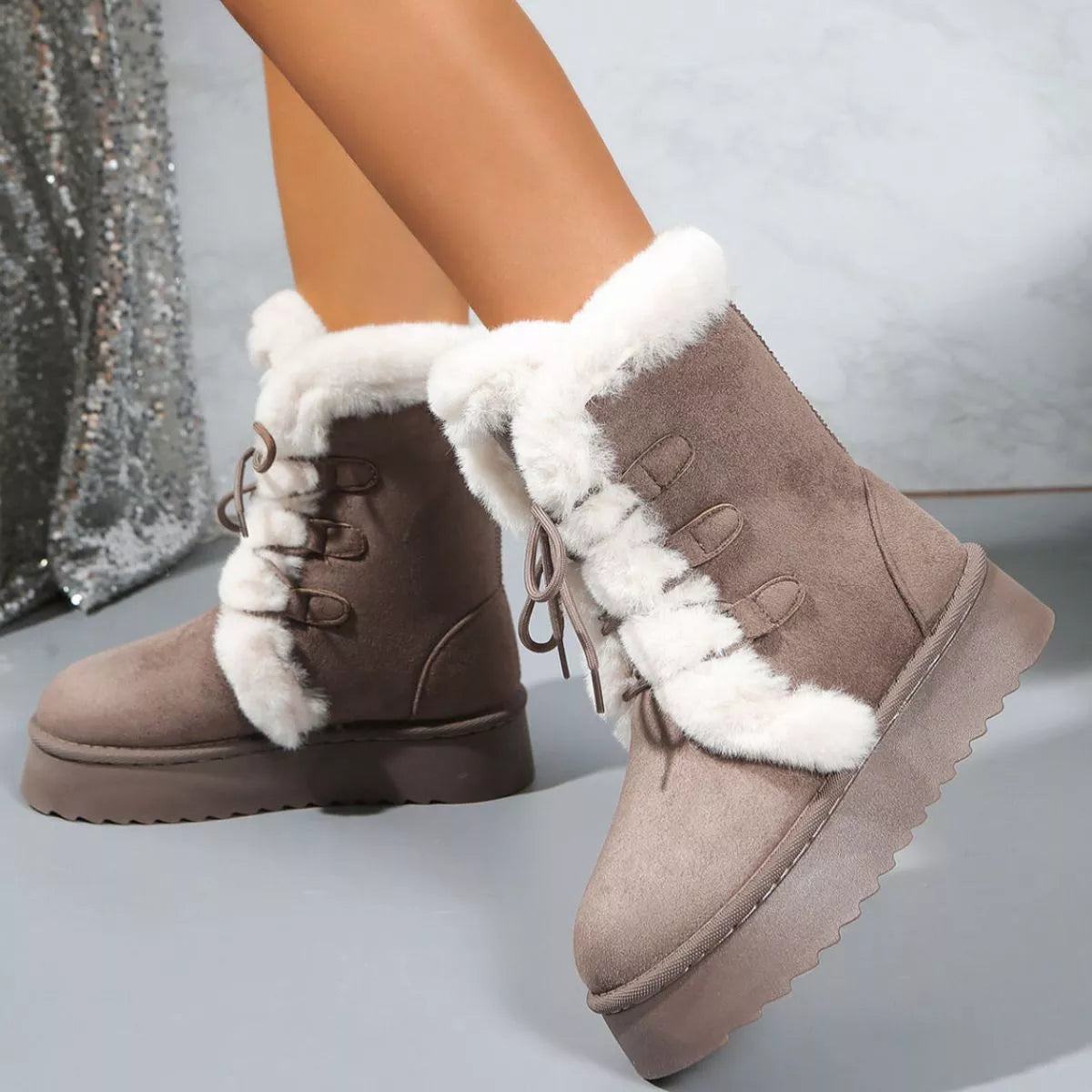 Fuzzy Trim Lace-Up Platform Boots - Tigbul's Variety Fashion Shop