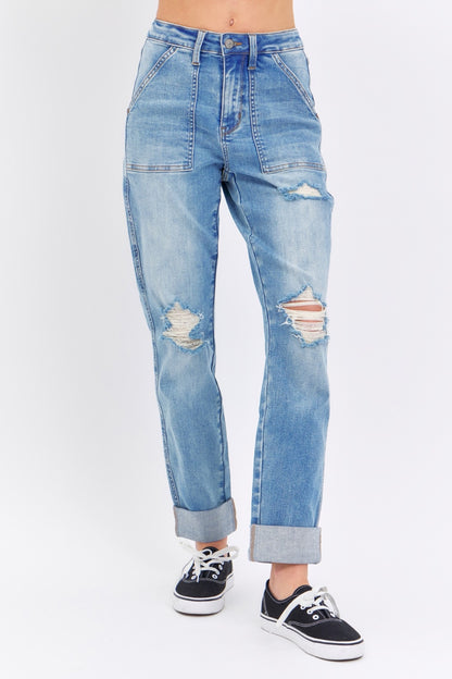 Judy Blue Full Size Distressed Straight Jeans with Patch Pockets - Tigbul's Variety Fashion Shop