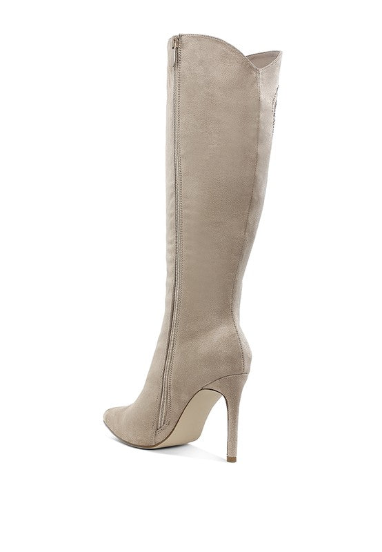 Beige calf boots with back zipper and slim stiletto heel