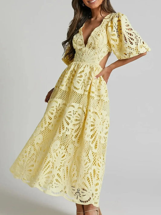Cutout Back Lace Crochet V-Neck Dress - Tigbul's Variety Fashion Shop