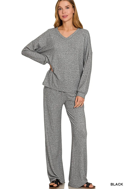 Zenana Soft Melange Long Sleeve Tee & Pants Set - Tigbul's Variety Fashion Shop