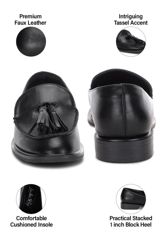 Black tassel accent loafer, back view with stacked 1-inch block heel
