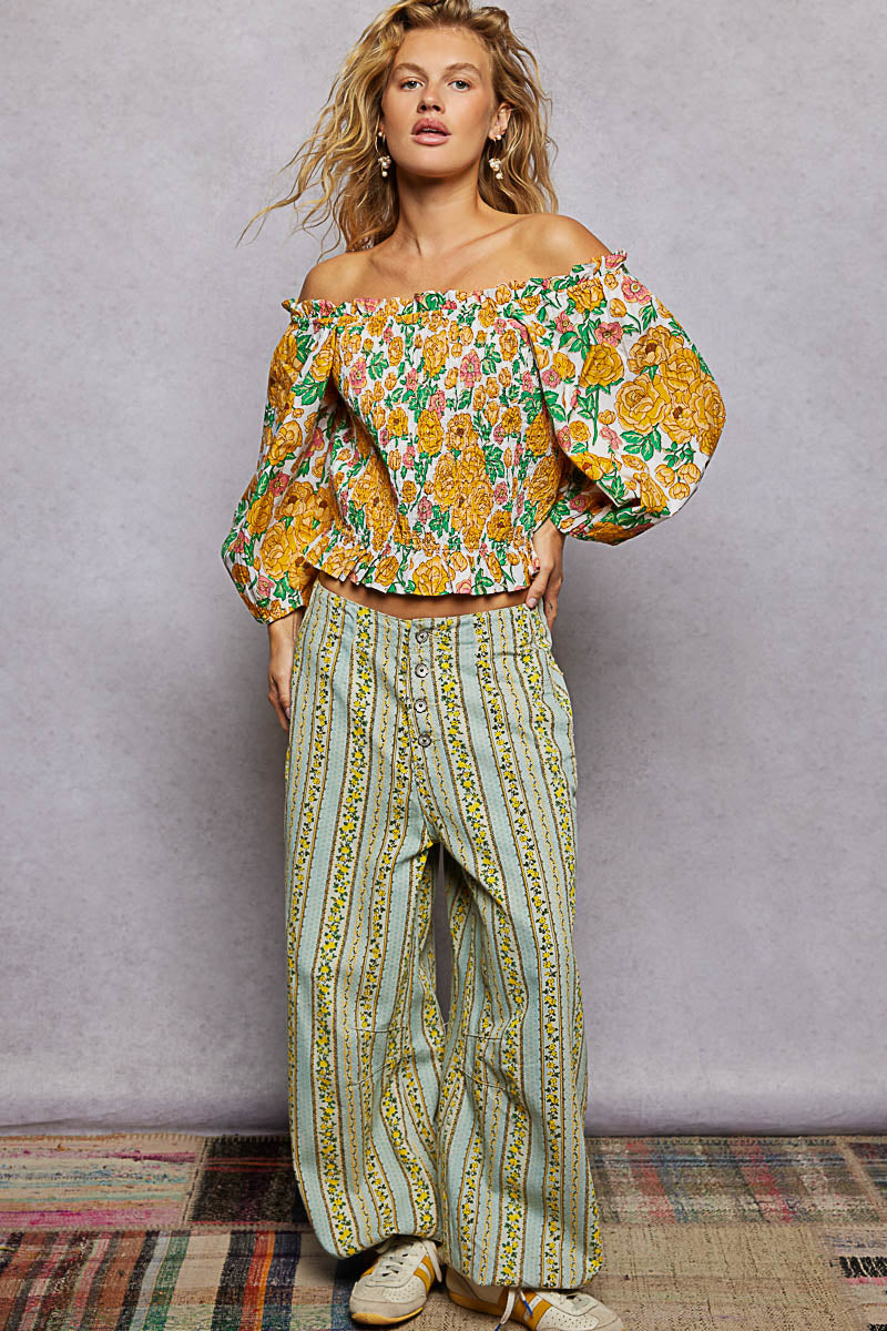 POL Floral Print Off-Shoulder Smocked Blouse | Tigbuls Variety