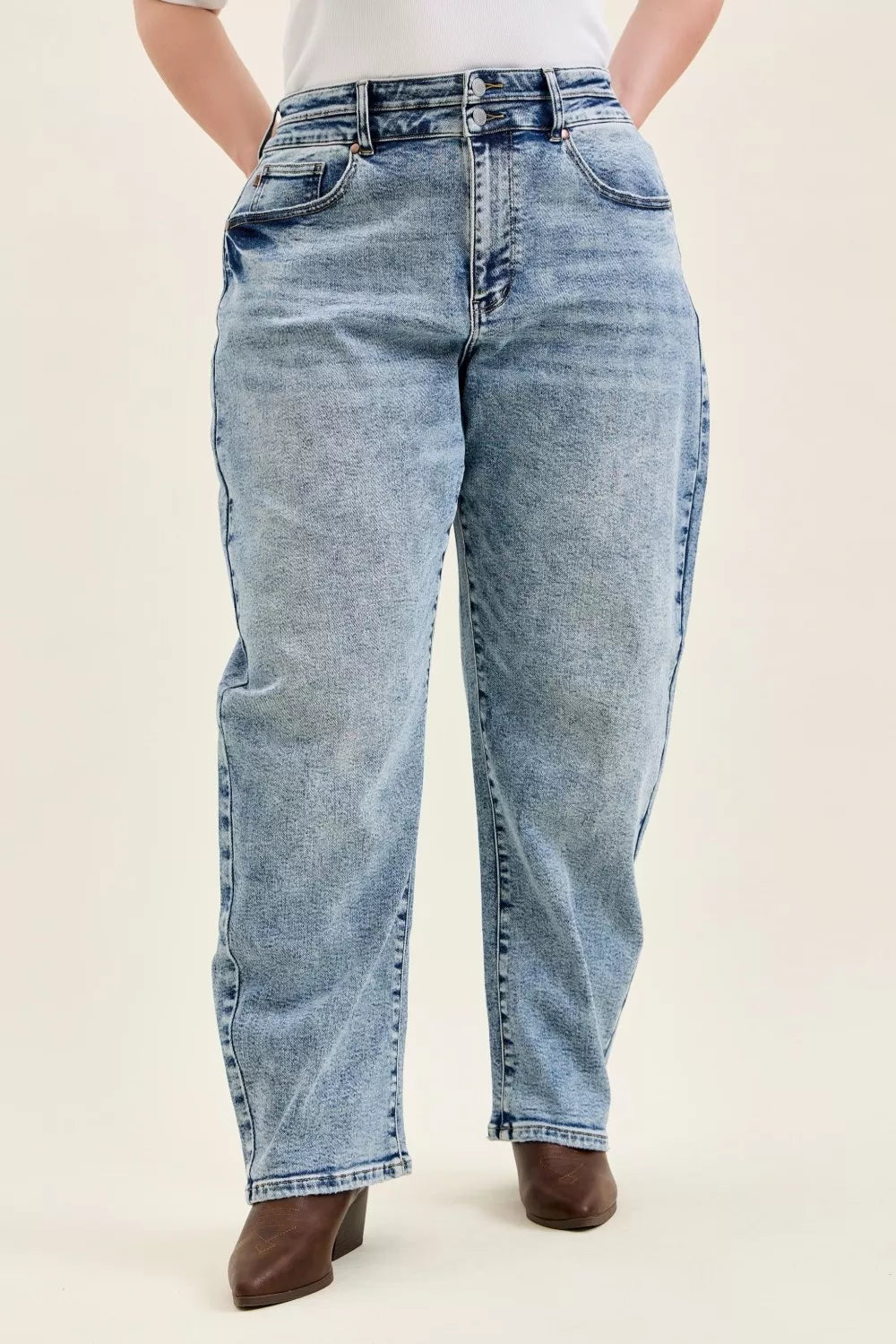 Light Blue high-waist jeans with double waistband, front pockets, and straight legs