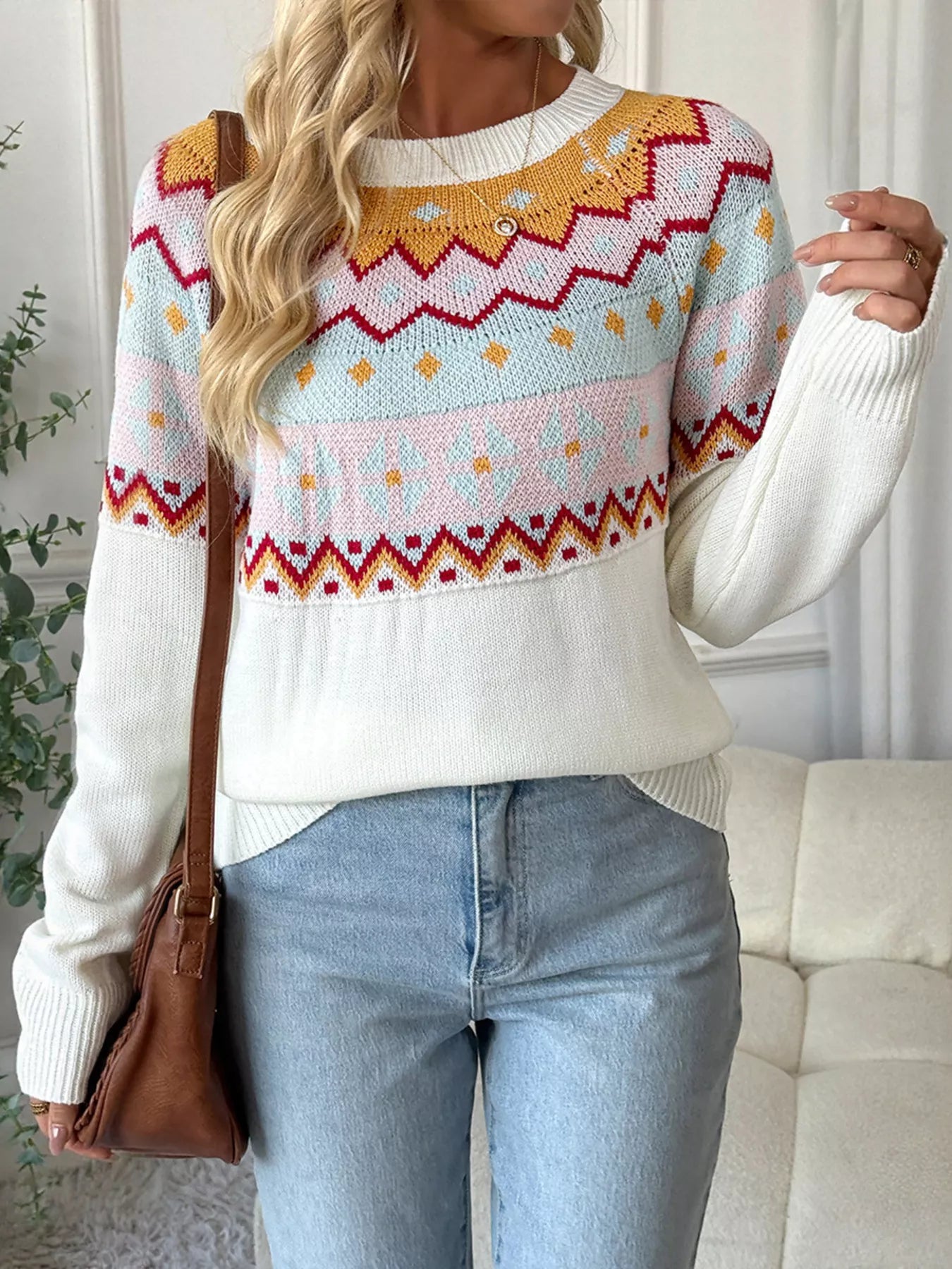 Contrast Round Neck Long Sleeve Sweater - Tigbul's Variety Fashion Shop