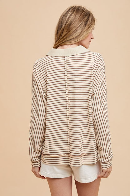 Striped Button Detail Long Sleeve Polo Top - Tigbul's Variety Fashion Shop