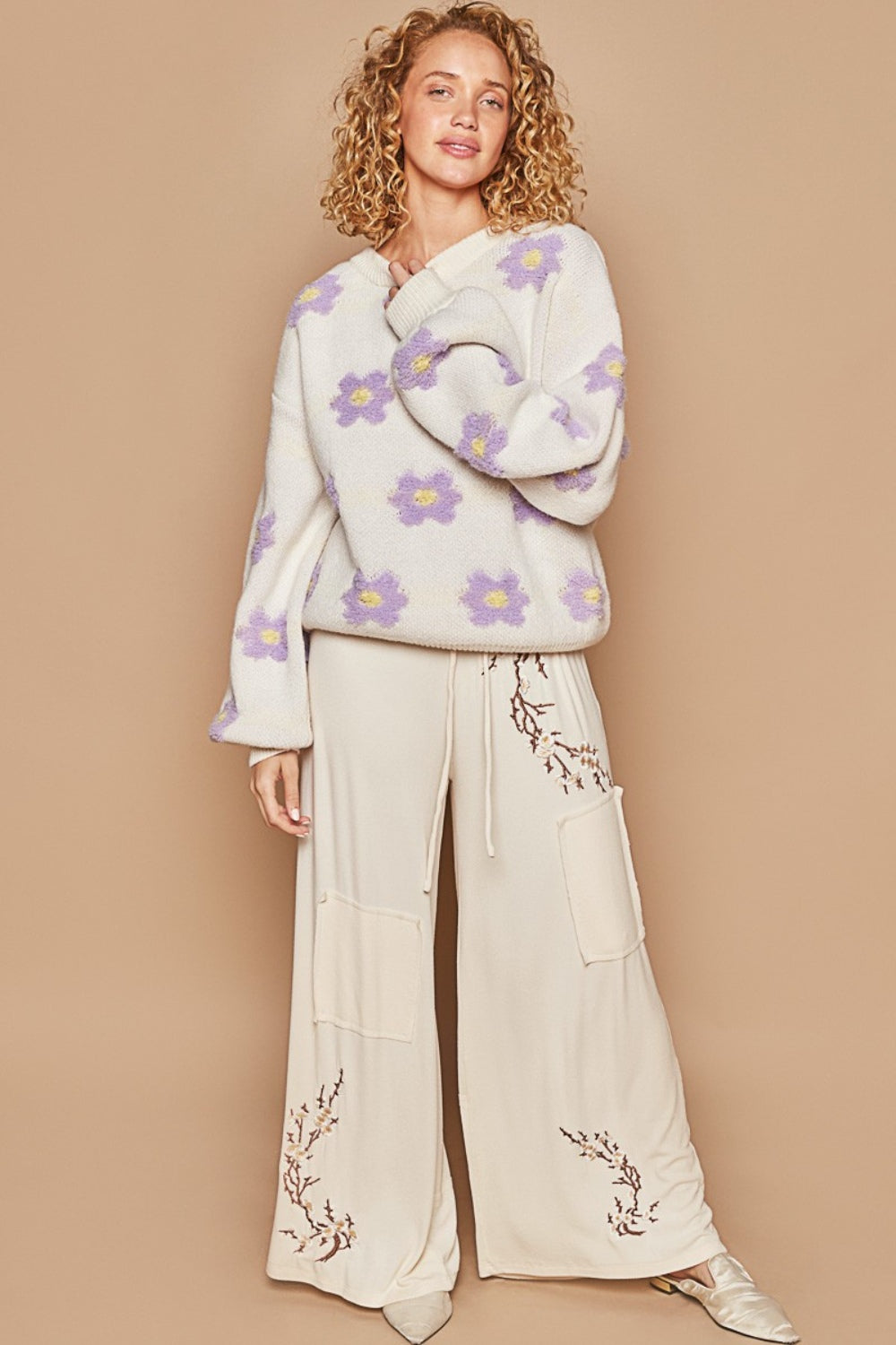 Cream/Lavender Daisy Pattern Drop Shoulder Sweater - Tigbul's Variety Fashion Shop