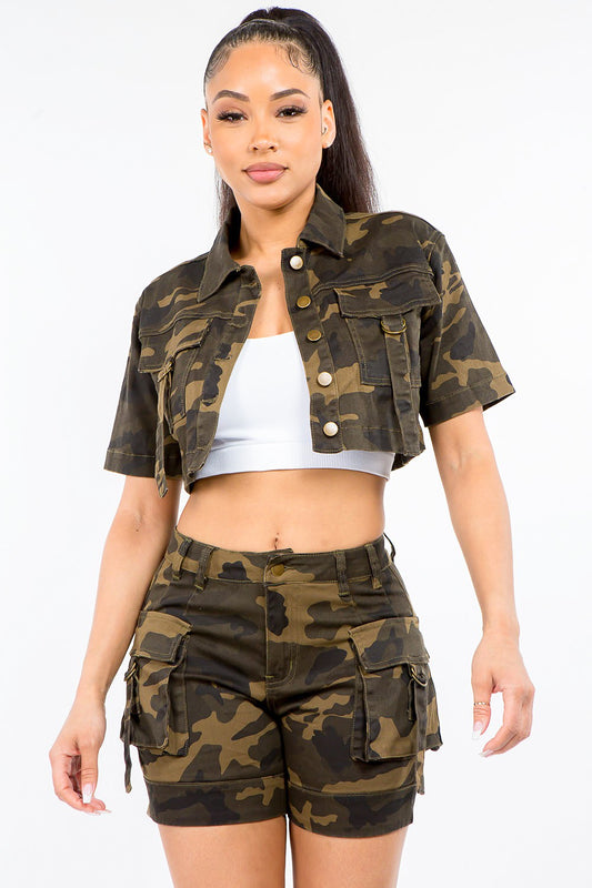 American Bazi Full Size Camouflage Short Sleeve Cropped Jacket - Tigbul's Variety Fashion Shop