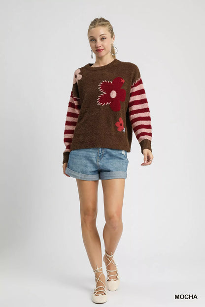 Umgee Flower Jacquard Striped Long Sleeve Sweater - Tigbul's Variety Fashion Shop