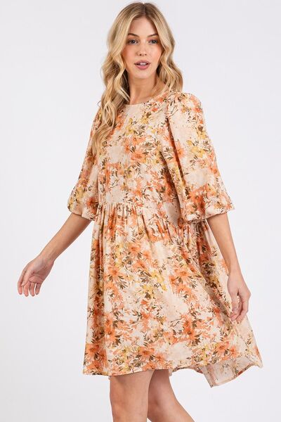 Orange Flower Print Linen Blend Babydoll Mini Dress - Tigbul's Variety Fashion Shop