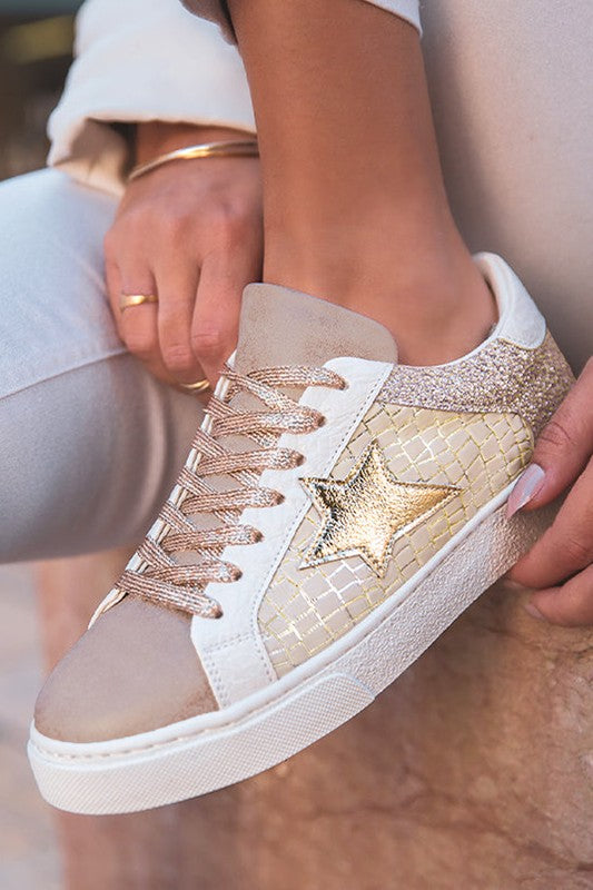 Khaki Star Patchwork PU sneakers, lace-up with glitter and patterned panels