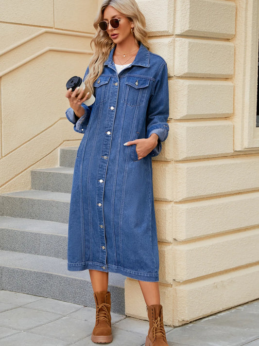 Button Up Long Sleeve Longline Denim Jacket - Tigbul's Variety Fashion Shop