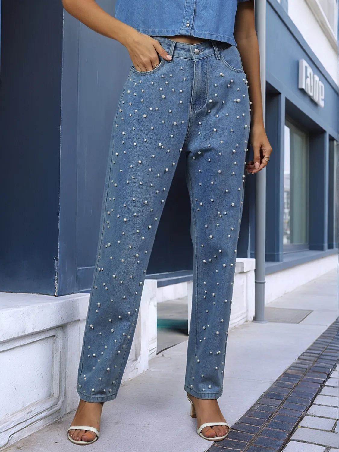 Pearl Detail Blue Jeans with Pockets - Tigbul's Variety Fashion Shop