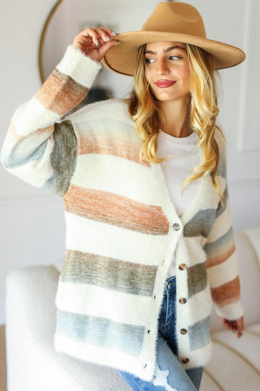 Haptics Full Size Button Down Stripe Soft Fuzzy Sweater Cardigan - Tigbul's Variety Fashion Shop