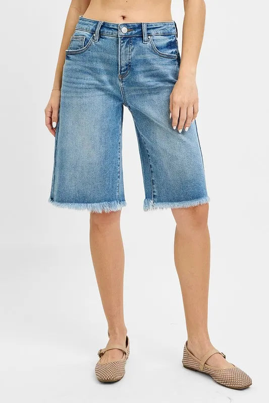 RISEN Tummy Control Mid Rise Fit Bermuda Denim Shorts - Tigbul's Variety Fashion Shop