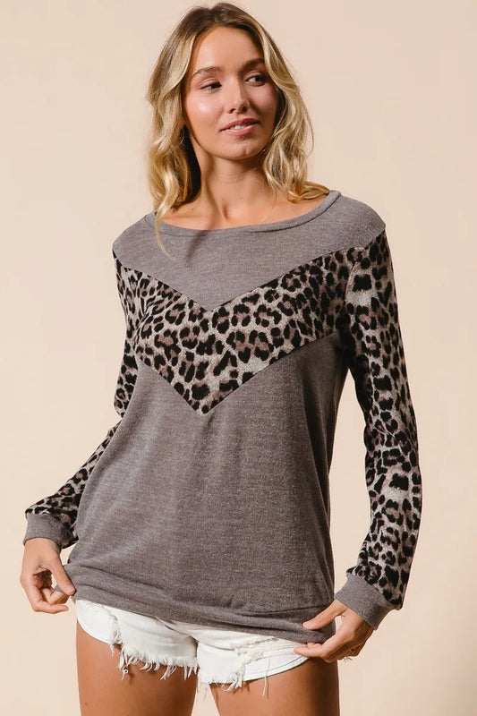 BiBi Sweater Knit Top With Leopard V Shape Block - Tigbul's Variety Fashion Shop