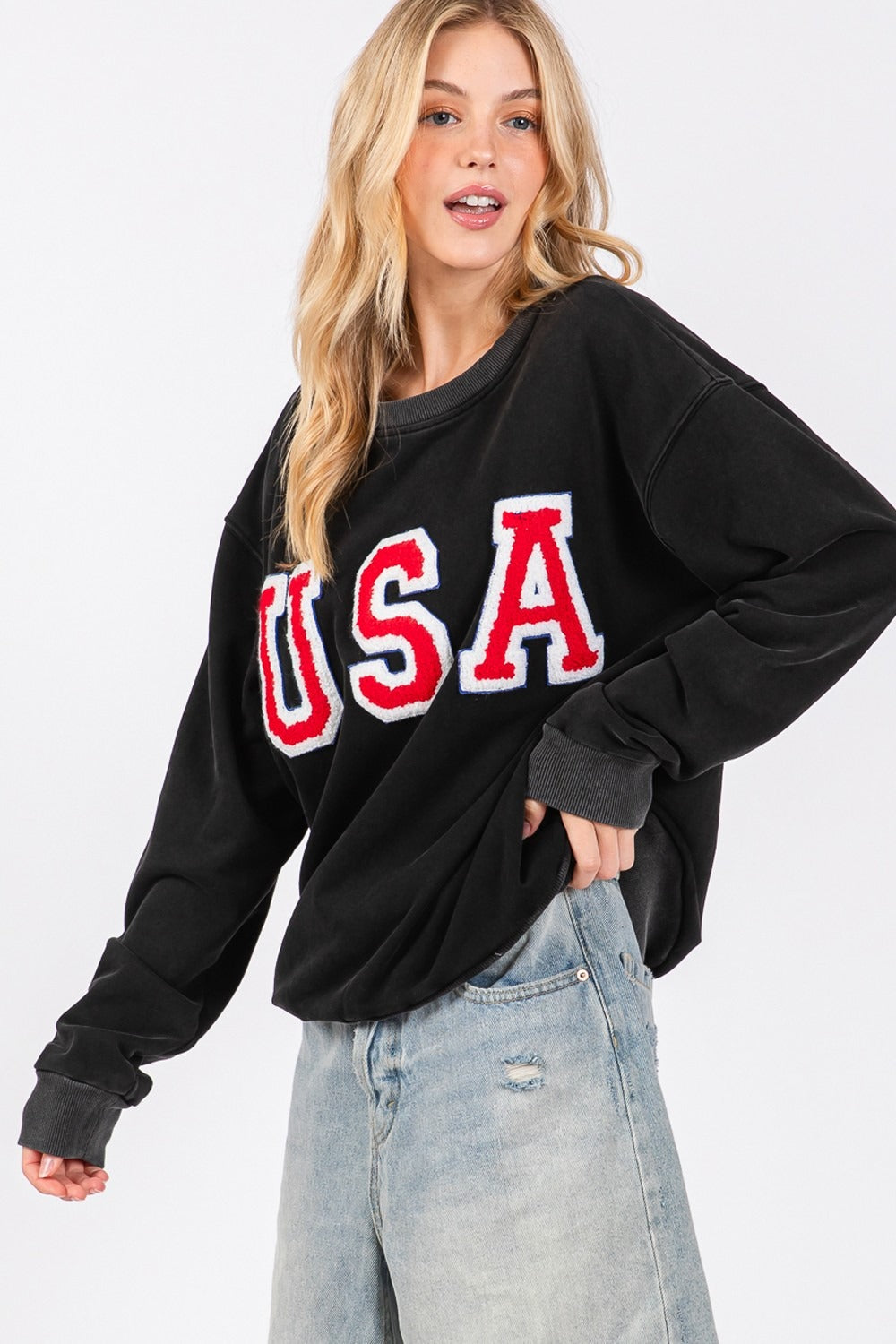 Sage + Fig USA Letter Patch Round Neck Sweatshirt - Tigbul's Variety Fashion Shop