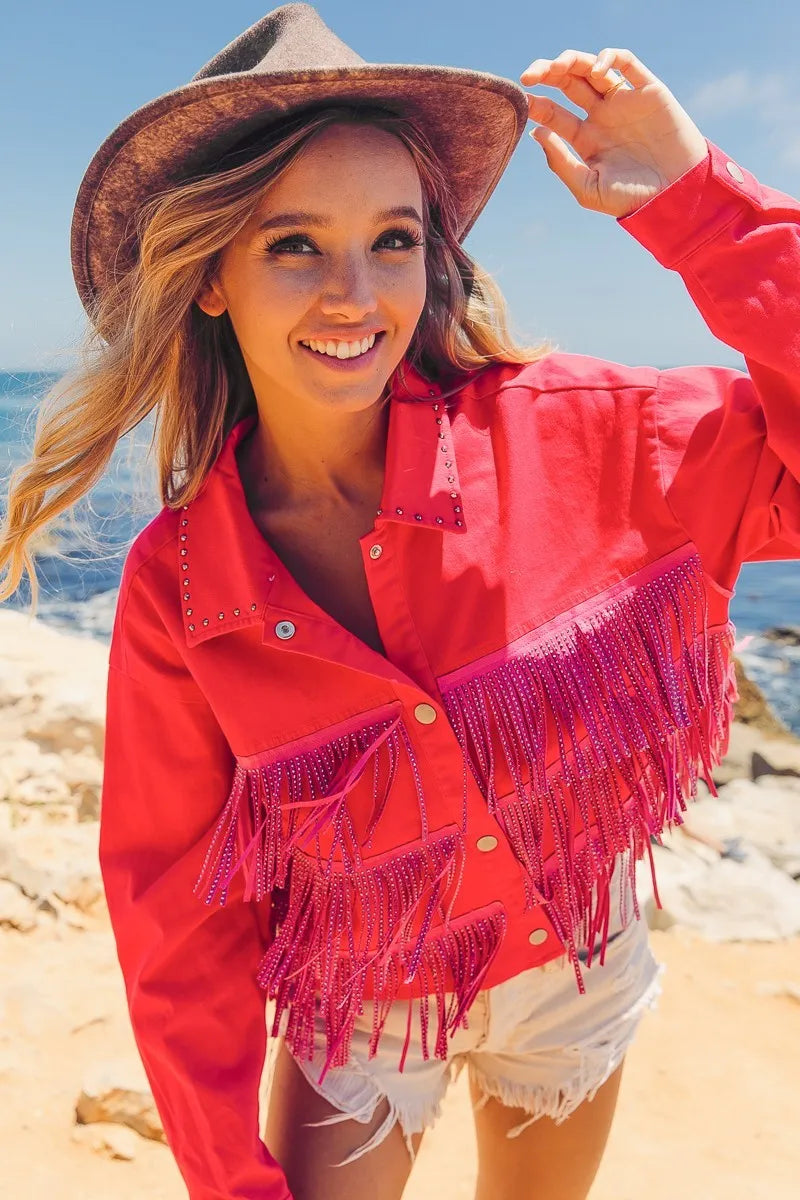 Rhinestone Fringe with Studded Collar Jacket - Tigbul's Variety Fashion Shop