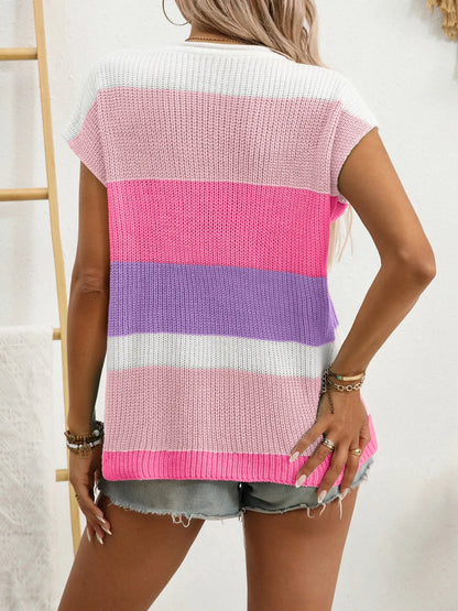Color Block Notched Short Sleeve Knit Top - Tigbul's Variety Fashion Shop