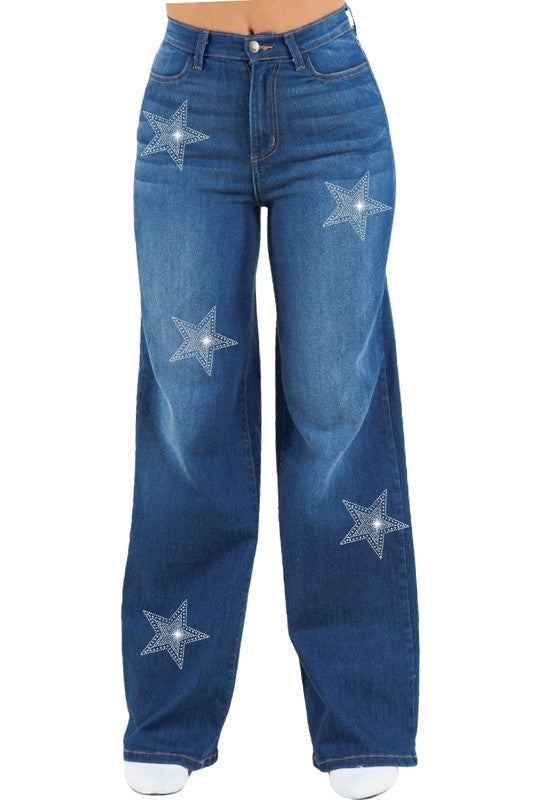 Star Rhinestones Wide Leg Jean - Tigbul's Variety Fashion Shop