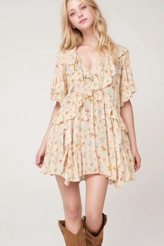 Boho Floral Tassel Tie V Neck Ruffle Wide Sleeve Mini Dress - Tigbul's Variety Fashion Shop