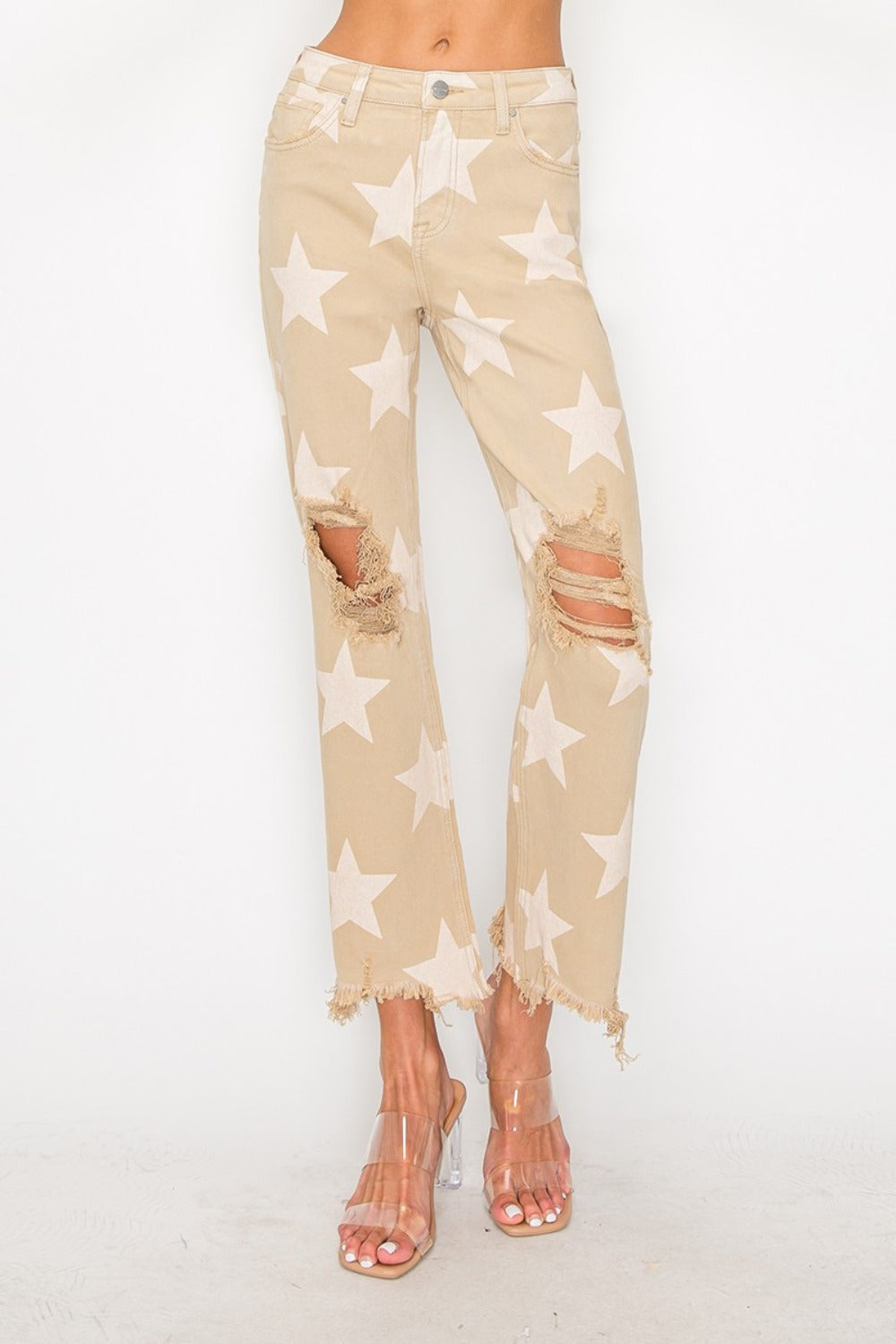 RISEN Full Size High Rise Star Printed Frayed Hem Jeans - Tigbul's Variety Fashion Shop