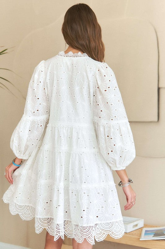 White Lace Detail Tiered Eyelet V-Neck Babydoll Dress - Tigbul's Variety Fashion Shop