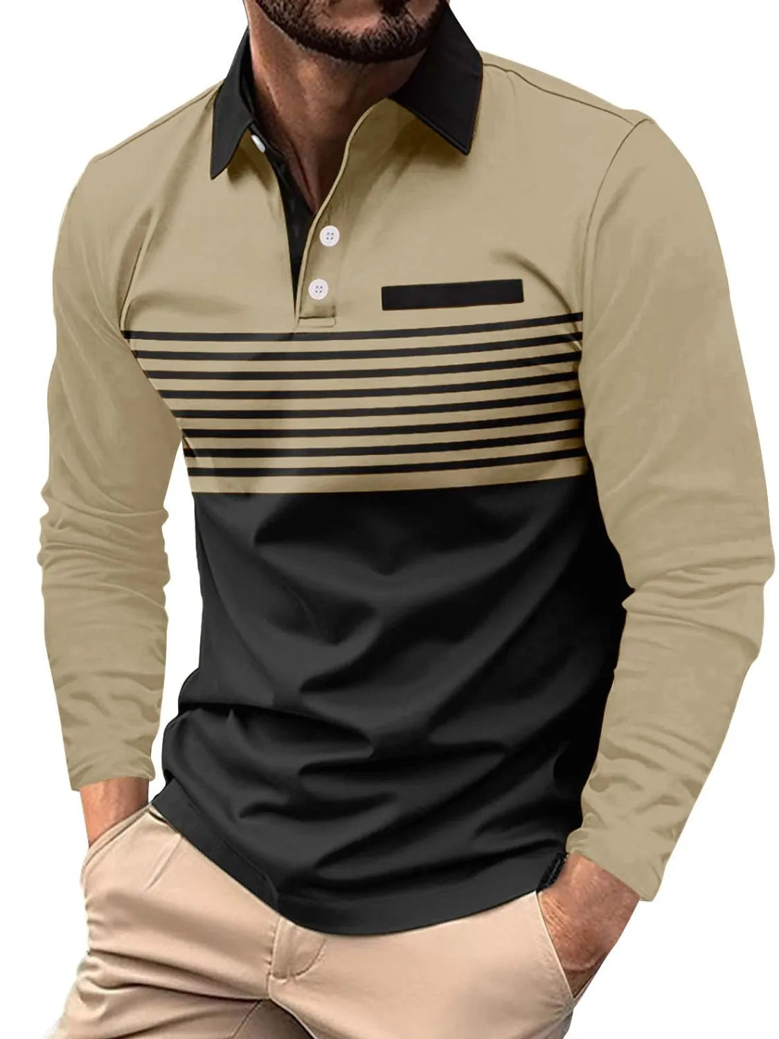Men's Collared Neck Long Sleeve Striped Polo - Tigbul's Variety Fashion Shop