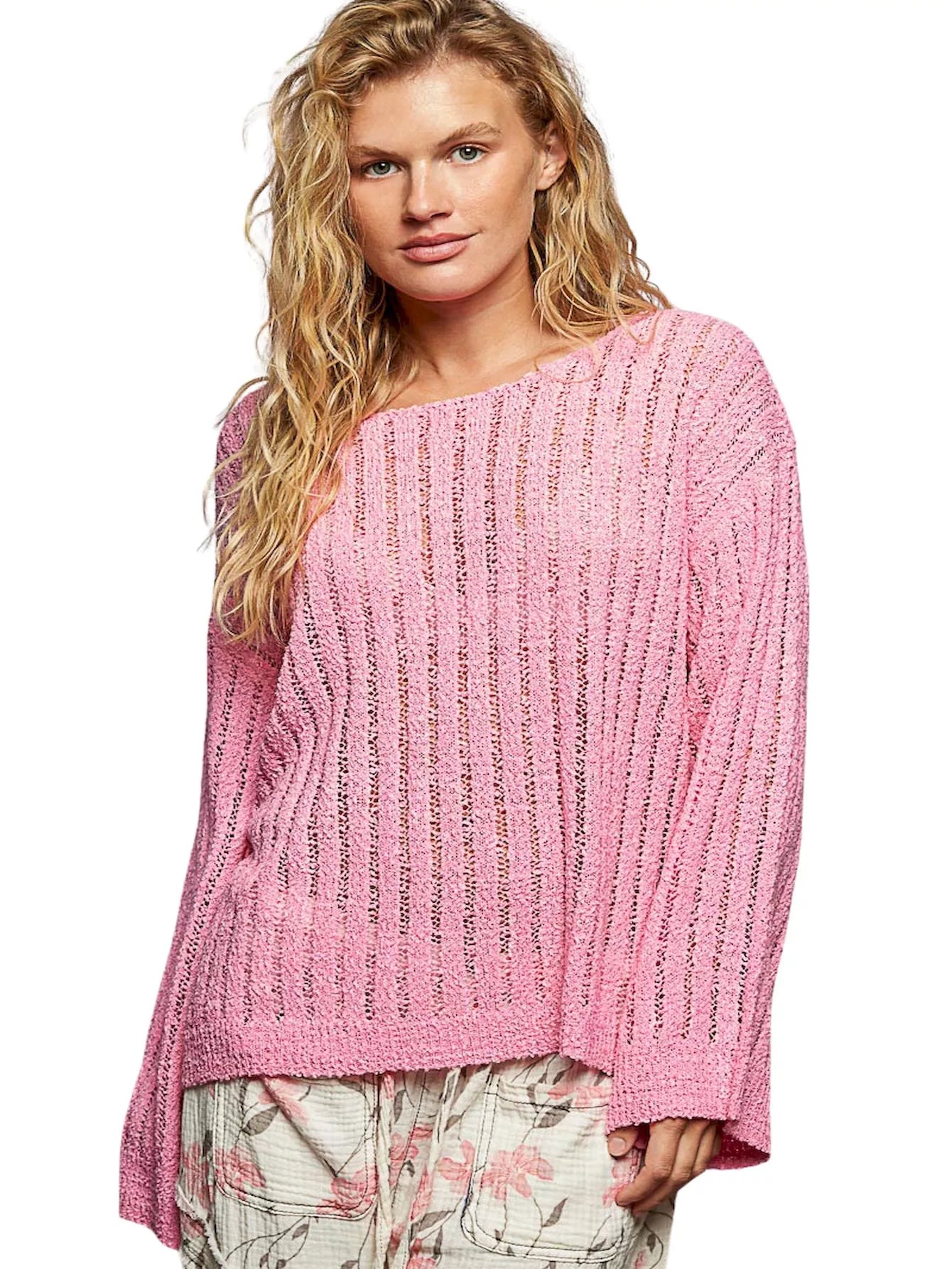 Pink open-weave long-sleeve coverup sweater with round neckline