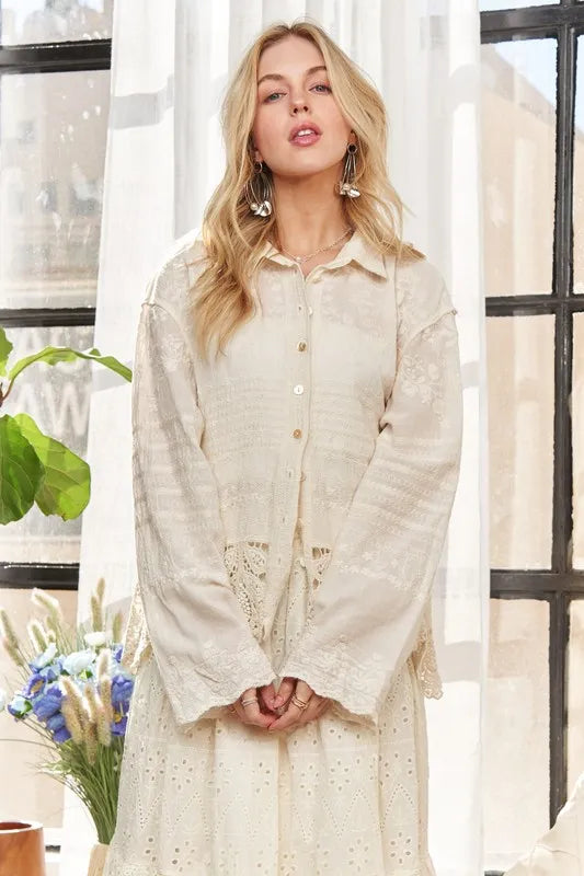 Beige Crochet Lace Long Sleeves Button Down Shirt - Tigbul's Variety Fashion Shop