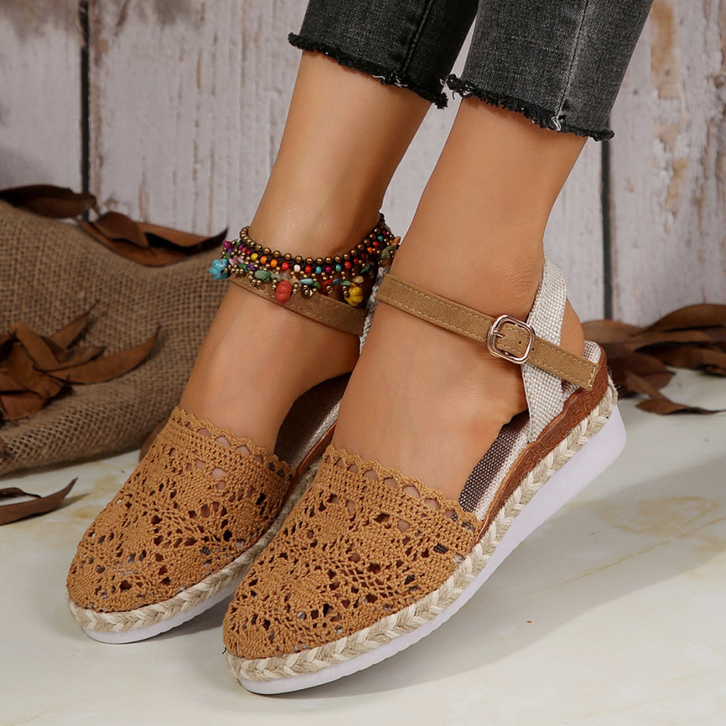 Brown crochet espadrille flats with ankle buckle strap and jute-wrapped sole