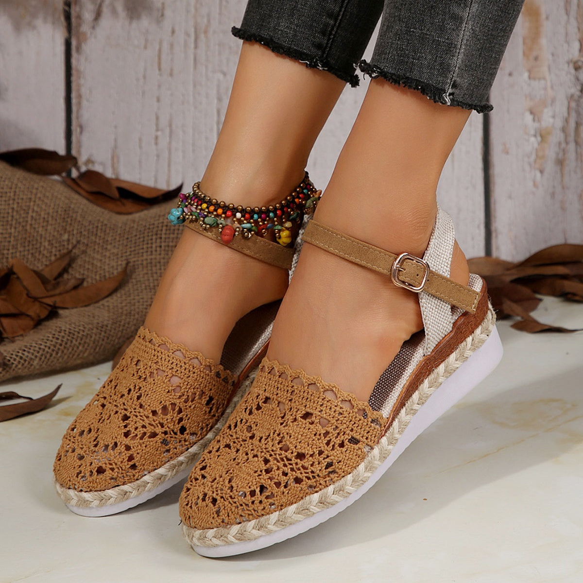 Brown crochet espadrille flats with ankle buckle strap and jute-wrapped sole