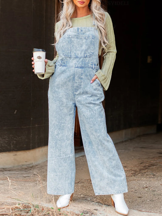 Vintage Washed Wide Leg Denim Overalls with Front Pockets - Tigbul's Variety Fashion Shop