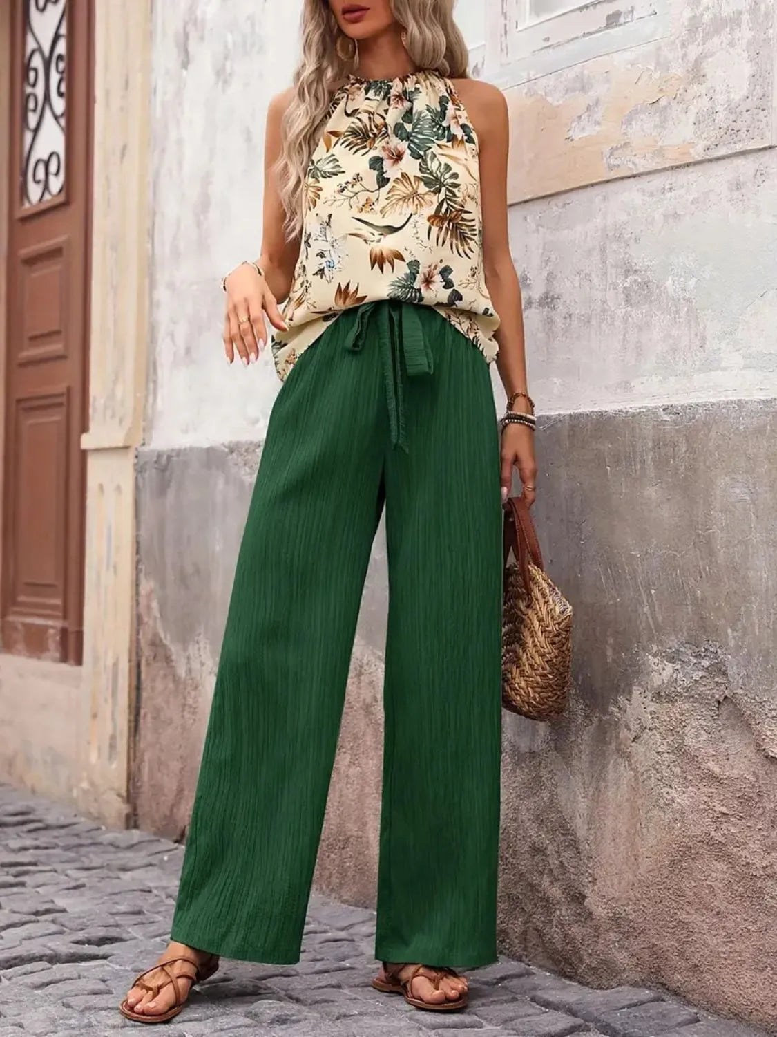 Printed Tank Top and Wide Leg Pants Set - Tigbul's Variety Fashion Shop