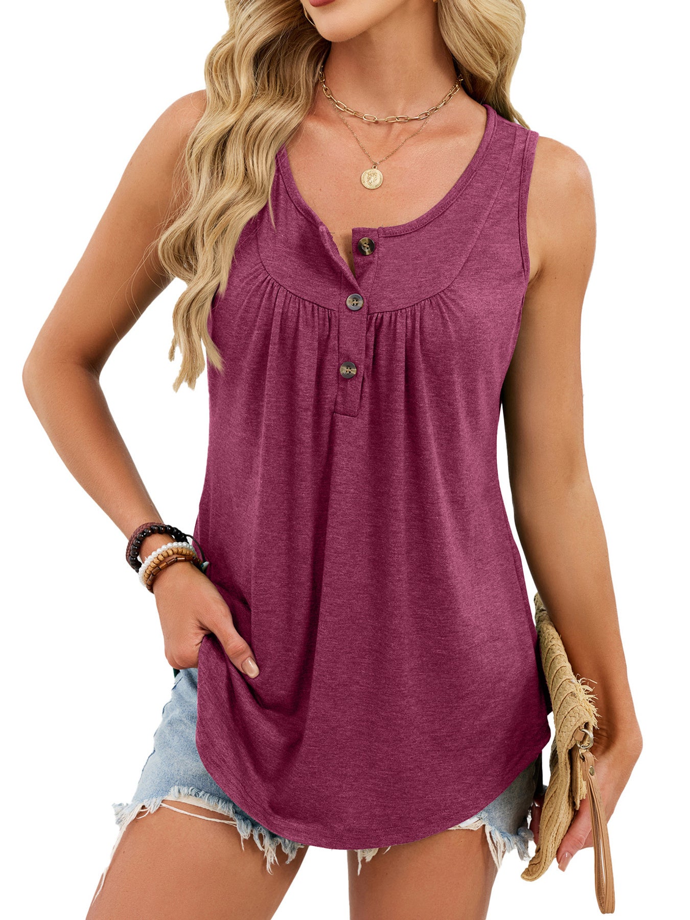 Wine red button-detail round neck tank with gathered bust and front buttons