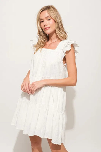 Origami Pleating Ruffled Sleeve Off White Tiered Dress - Tigbul's Variety Fashion Shop